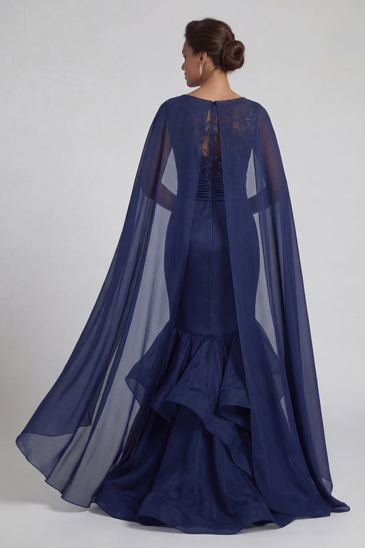 Floral Long Navy Mermaid Mother of the Bride Dress with Ruffles