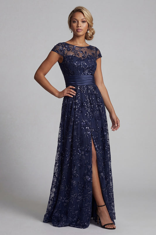 Sparkly Navy Sequin A Line Floral Long Mother of the Bride Dress with Pockets