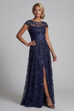 Sparkly Navy Sequin A Line Floral Long Mother of the Bride Dress with Pockets