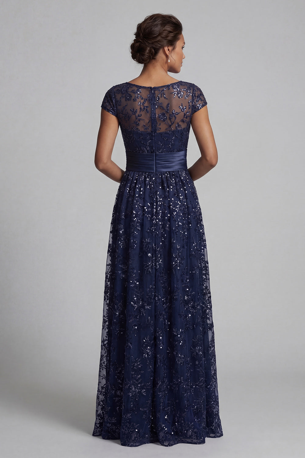 Sparkly Navy Sequin A Line Floral Long Mother of the Bride Dress with Pockets