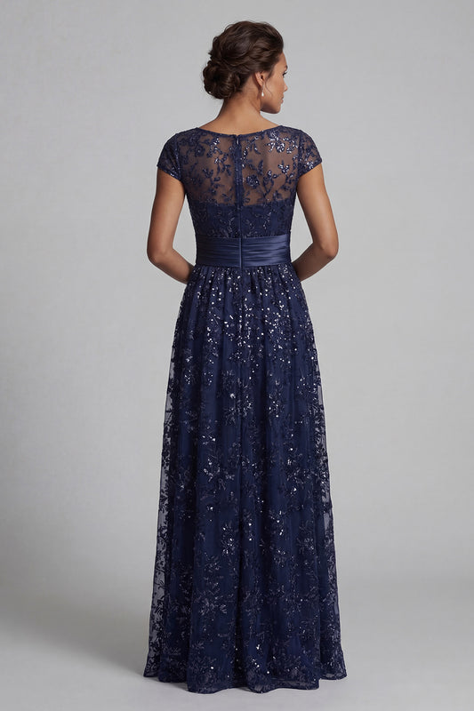 Sparkly Navy Sequin A Line Floral Long Mother of the Bride Dress with Pockets