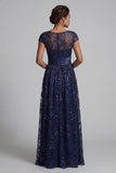 Sparkly Navy Sequin A Line Floral Long Mother of the Bride Dress with Pockets