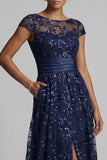 Sparkly Navy Sequin A Line Floral Long Mother of the Bride Dress with Pockets
