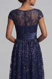 Sparkly Navy Sequin A Line Floral Long Mother of the Bride Dress with Pockets