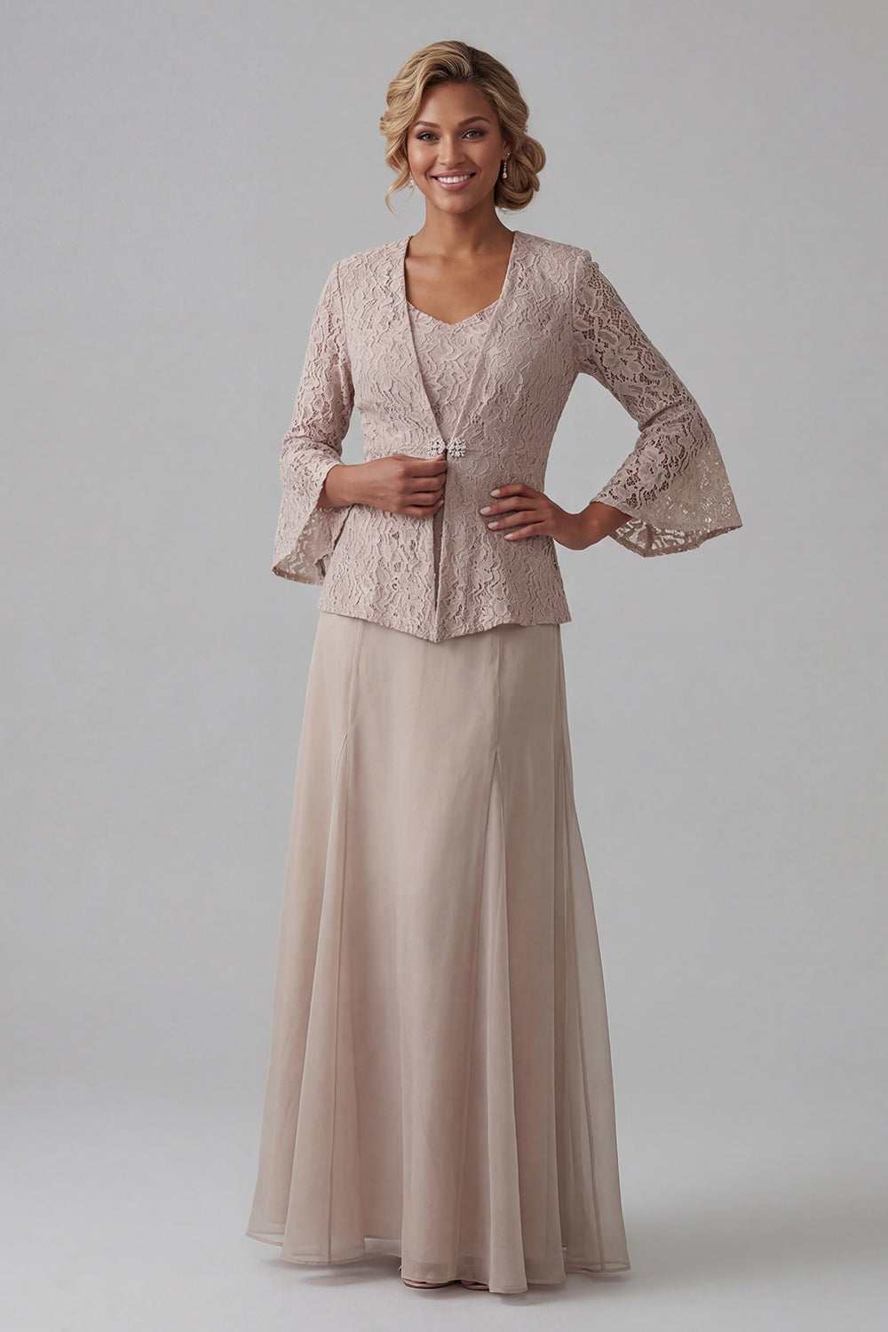 Zapaka Women Champagne 2 Piece Long Mother of Bride Dress A Line Lace Wedding Guest Dress with Sleeves, Champagne / US2