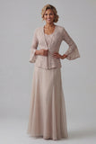 Champagne A Line Long V-Neck Mother of the Bride Dress with Jacket