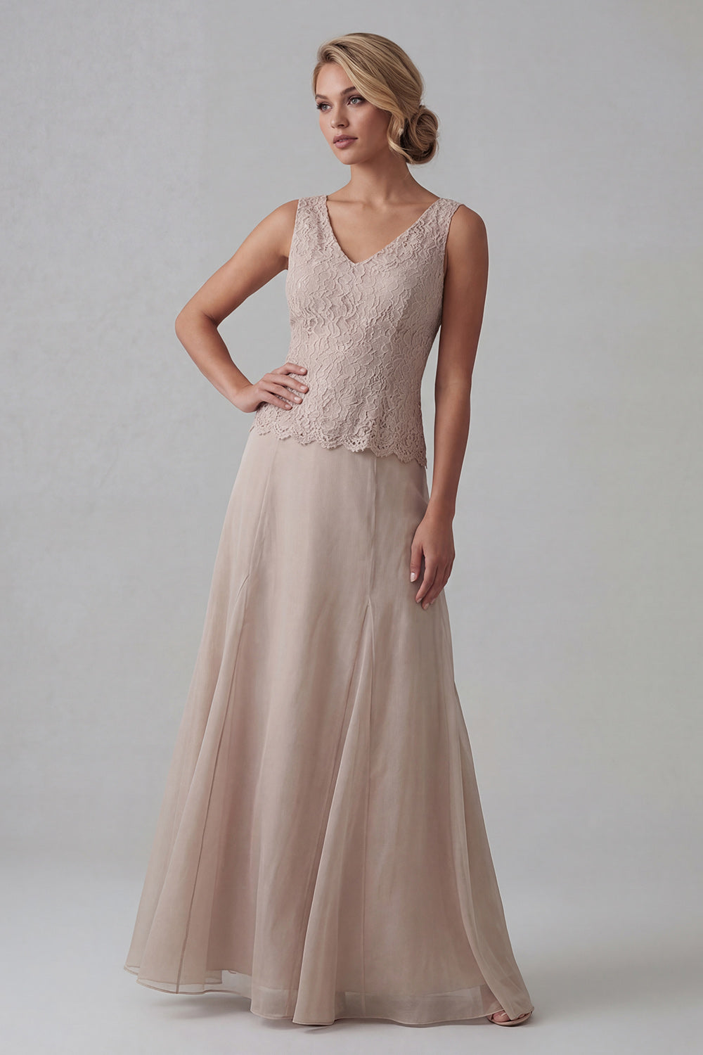 Champagne A Line Long V-Neck Mother of the Bride Dress with Jacket