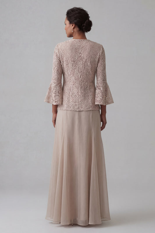 Champagne A Line Long V-Neck Mother of the Bride Dress with Jacket