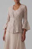 Champagne A Line Long V-Neck Mother of the Bride Dress with Jacket