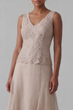 Champagne A Line Long V-Neck Mother of the Bride Dress with Jacket