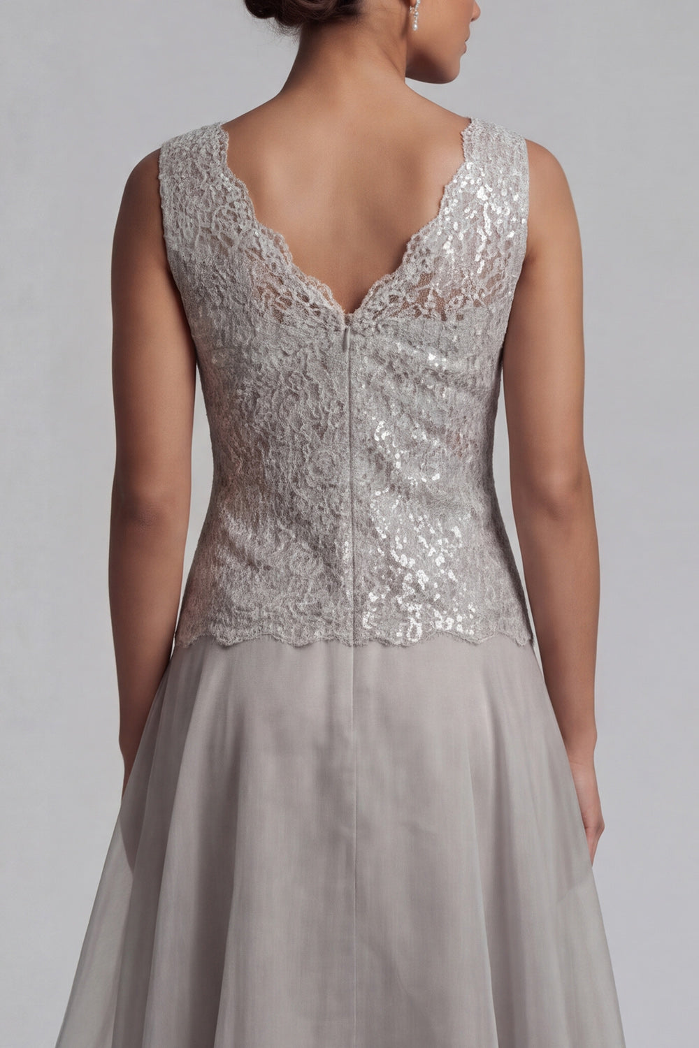 A Line Long Scoop Sparkly Light Grey Lace Mother of the Bride Dress with Jacket