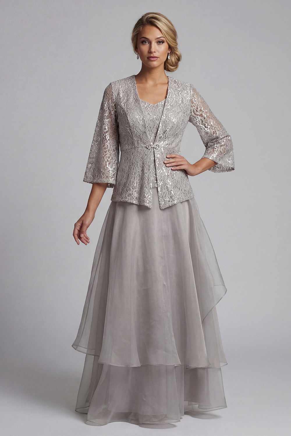 A Line Long Scoop Sparkly Light Grey Lace Mother of the Bride Dress with Jacket