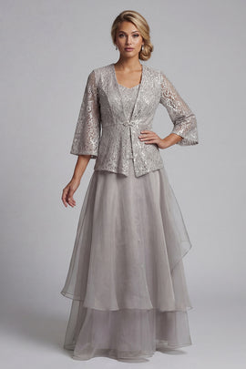 A Line Long Scoop Sparkly Light Grey Lace Mother of the Bride Dress with Jacket