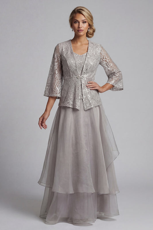 A Line Long Scoop Sparkly Light Grey Lace Mother of the Bride Dress with Jacket