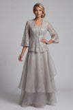 A Line Long Scoop Sparkly Light Grey Lace Mother of the Bride Dress with Jacket