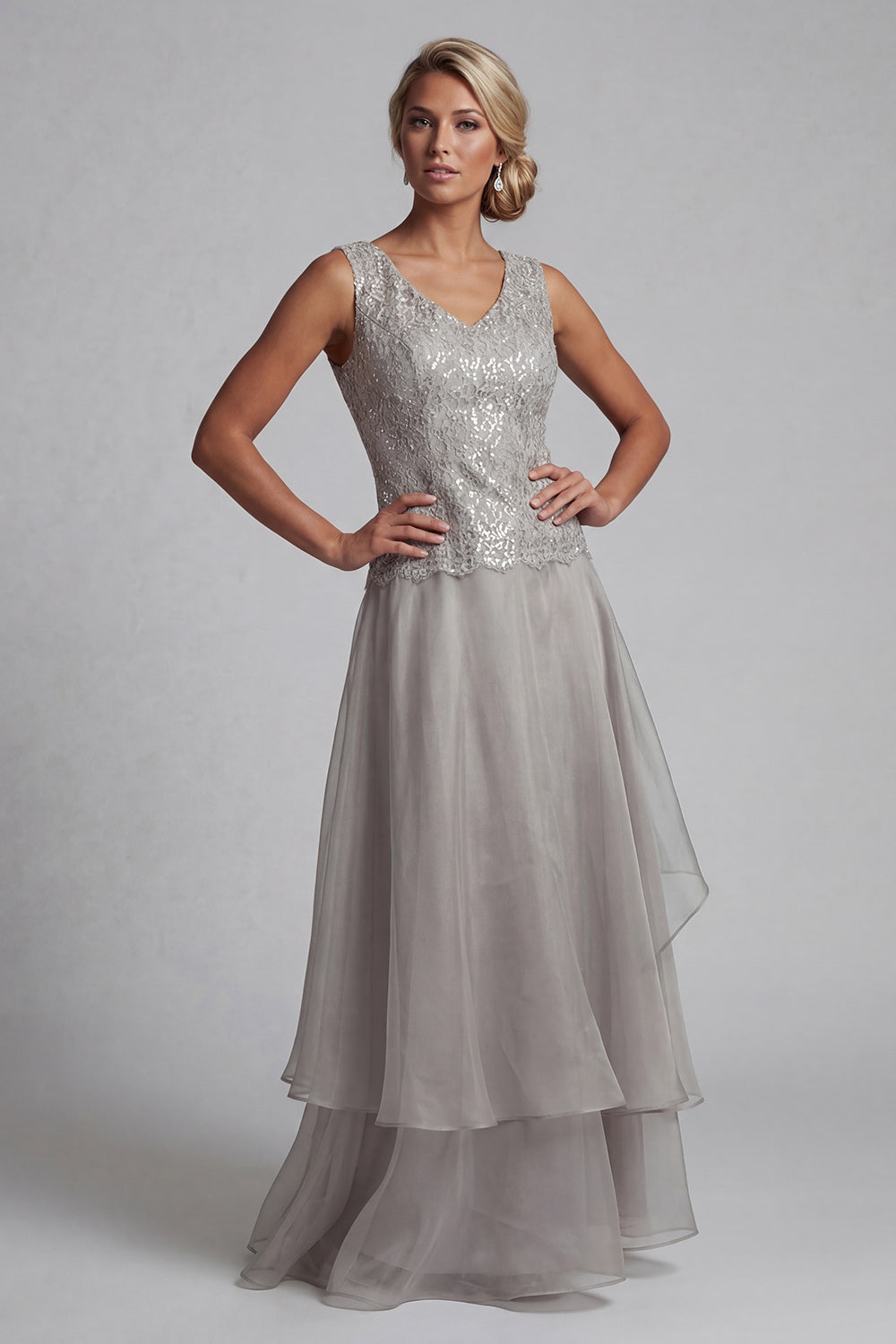 A Line Long Scoop Sparkly Light Grey Lace Mother of the Bride Dress with Jacket