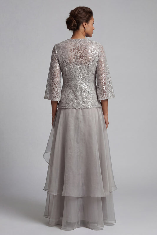 A Line Long Scoop Sparkly Light Grey Lace Mother of the Bride Dress with Jacket