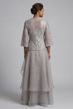 A Line Long Scoop Sparkly Light Grey Lace Mother of the Bride Dress with Jacket
