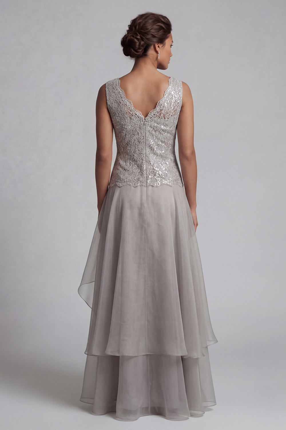 A Line Long Scoop Sparkly Light Grey Lace Mother of the Bride Dress with Jacket