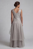 A Line Long Scoop Sparkly Light Grey Lace Mother of the Bride Dress with Jacket
