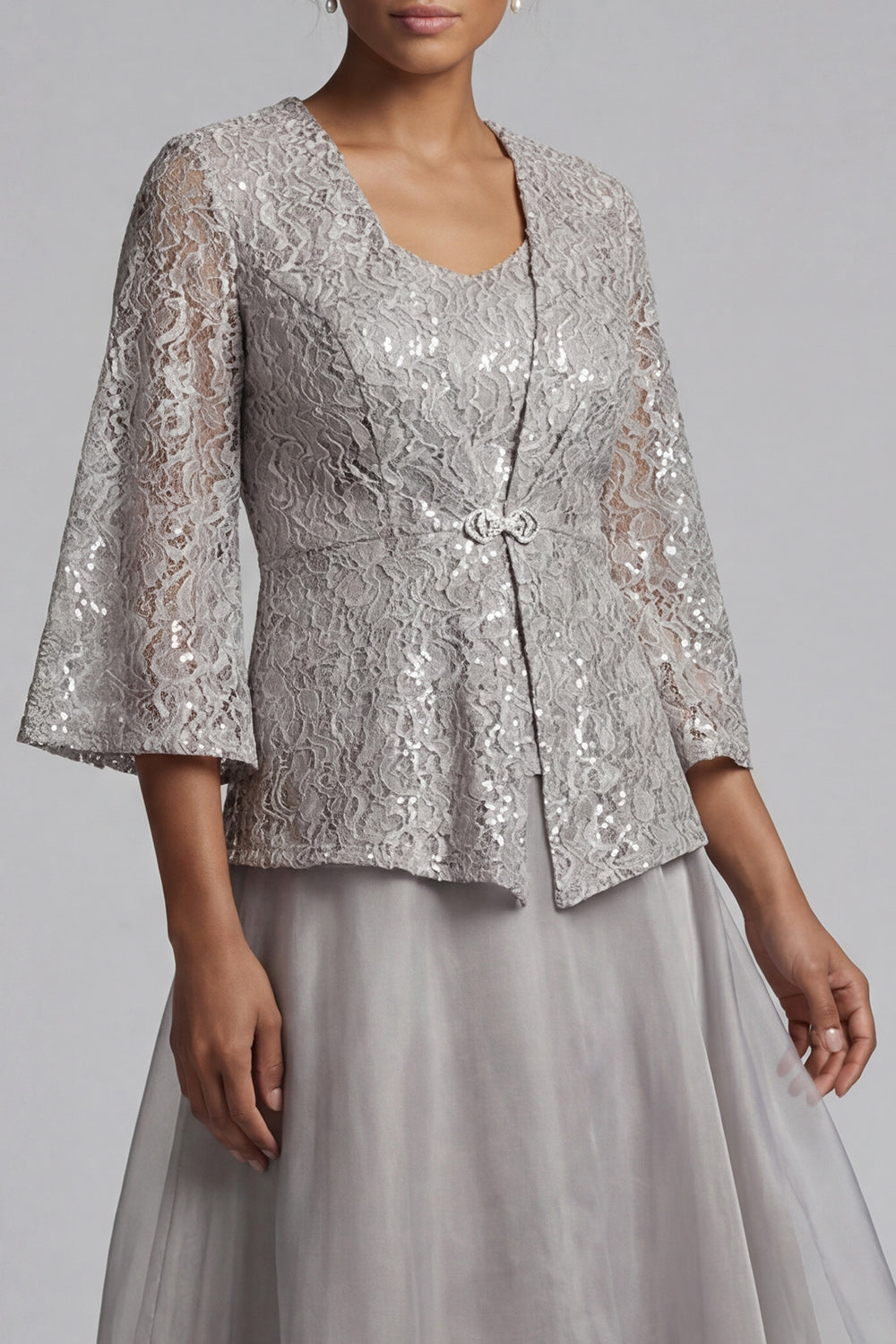 A Line Long Scoop Sparkly Light Grey Lace Mother of the Bride Dress with Jacket