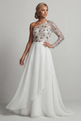 Sparkly White A Line Long Sequin Mother of the Bride Dress with Ruffles