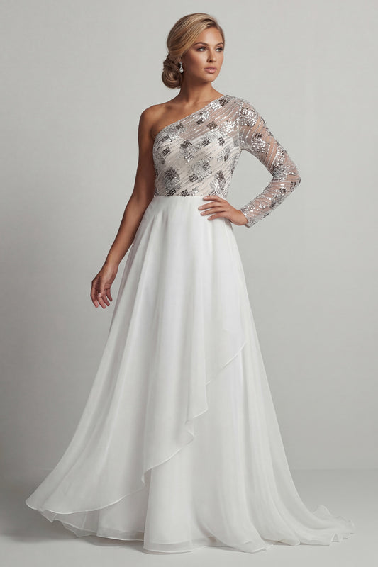 Sparkly White A Line Long Sequin Mother of the Bride Dress with Ruffles