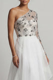 Sparkly White A Line Long Sequin Mother of the Bride Dress with Ruffles