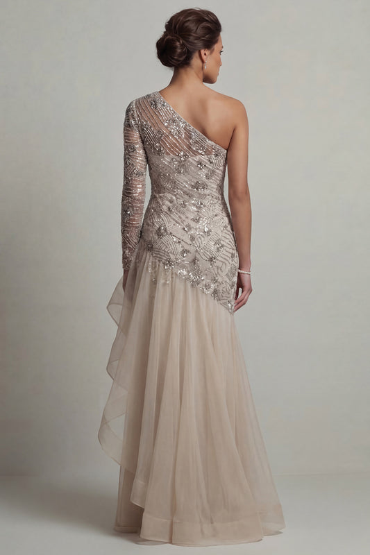 Sparkly Apricot Long Sequin Mermaid Floral Mother of the Bride Dress with Ruffles