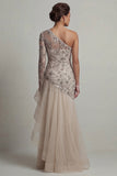 Sparkly Apricot Long Sequin Mermaid Floral Mother of the Bride Dress with Ruffles