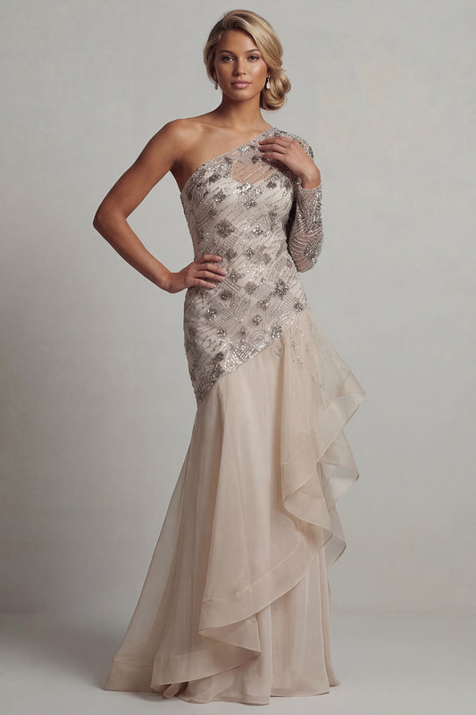 Sparkly Apricot Long Sequin Mermaid Floral Mother of the Bride Dress with Ruffles