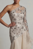 Sparkly Apricot Long Sequin Mermaid Floral Mother of the Bride Dress with Ruffles