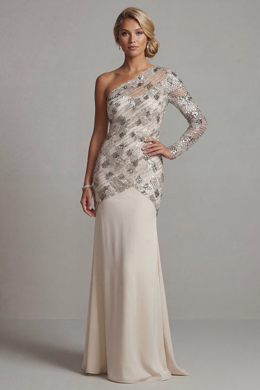 Sparkly Apricot Floral Sequin Long Mother of the Bride Dress Beaded One Shoulder Mermaid Wedding Guest Dress