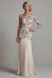 Sparkly Apricot Floral Sequin Long Mother of the Bride Dress Beaded One Shoulder Mermaid Wedding Guest Dress