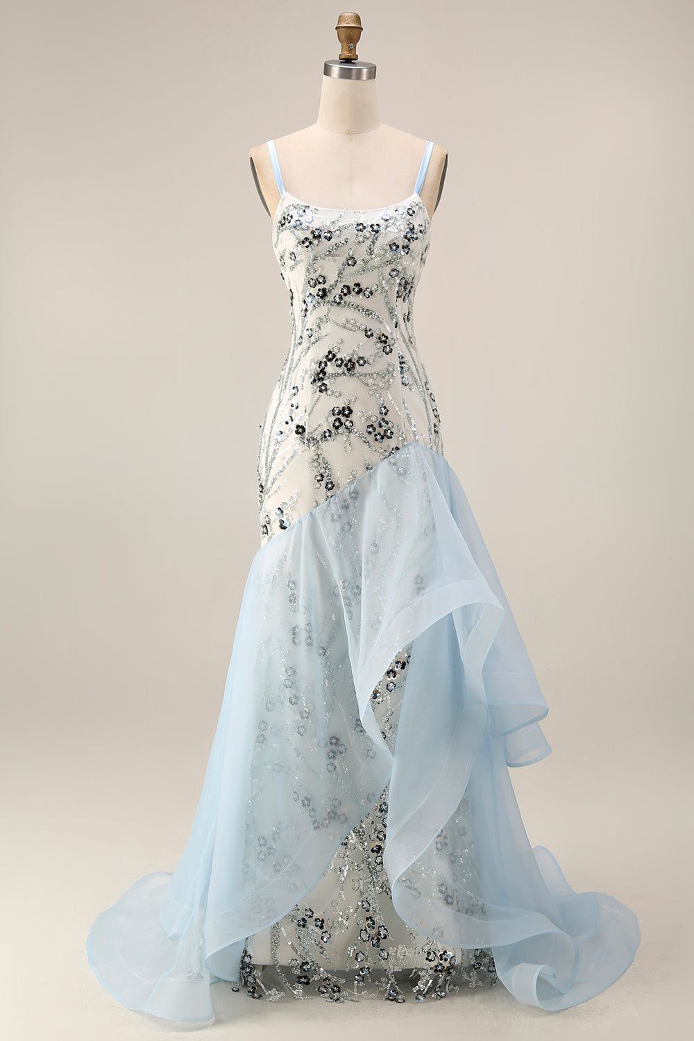Long Sequin Mermaid Floral Sparkly Light Blue Mother of the Bride Dress with Ruffles