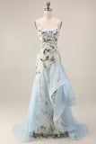 Long Sequin Mermaid Floral Sparkly Light Blue Mother of the Bride Dress with Ruffles