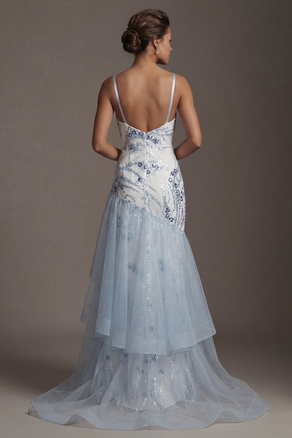 Long Sequin Mermaid Floral Sparkly Light Blue Mother of the Bride Dress with Ruffles