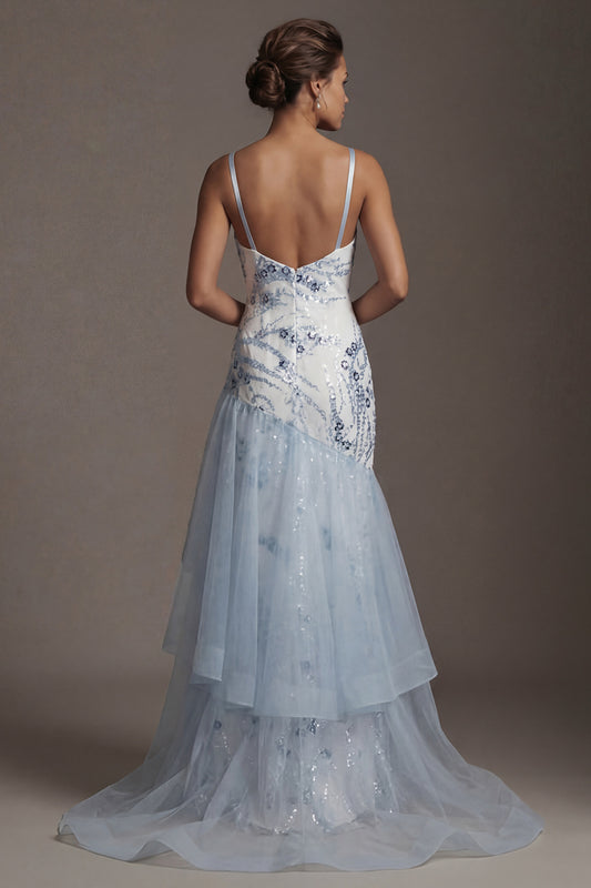 Long Sequin Mermaid Floral Sparkly Light Blue Mother of the Bride Dress with Ruffles