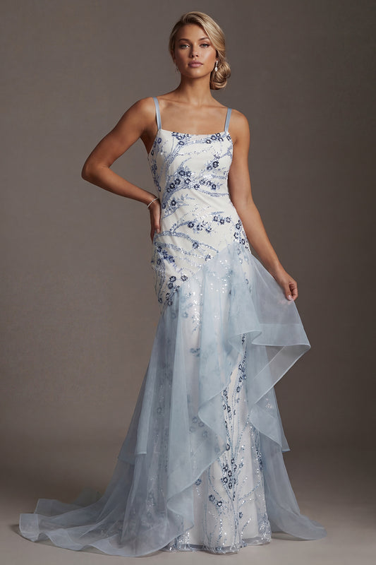 Long Sequin Mermaid Floral Sparkly Light Blue Mother of the Bride Dress with Ruffles