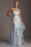 Long Sequin Mermaid Floral Sparkly Light Blue Mother of the Bride Dress with Ruffles