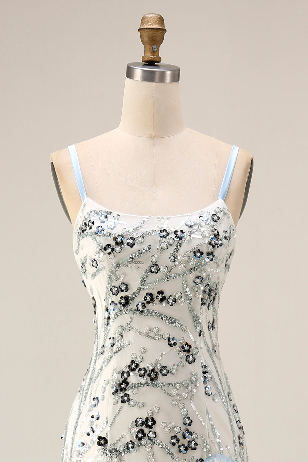 Long Sequin Mermaid Floral Sparkly Light Blue Mother of the Bride Dress with Ruffles