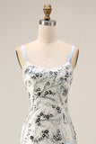 Long Sequin Mermaid Floral Sparkly Light Blue Mother of the Bride Dress with Ruffles