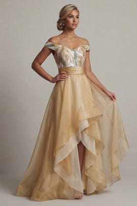 Asymmetrical A Line Champagne Mother of the Bride Dress with Ruffles