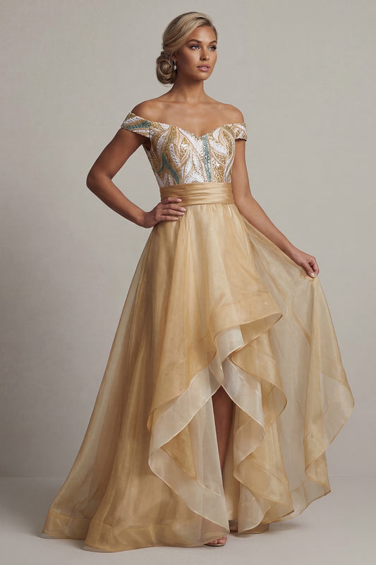 Asymmetrical A Line Champagne Mother of the Bride Dress with Ruffles