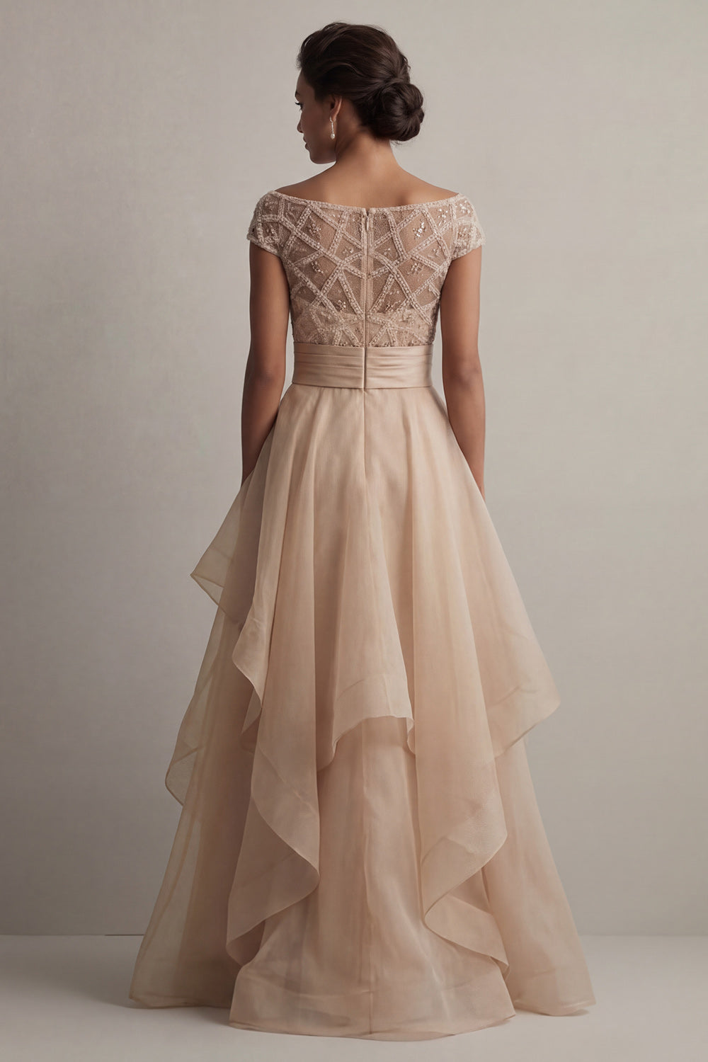 Blush Beaded Long A Line Mother of the Bride Dress with Ruffles