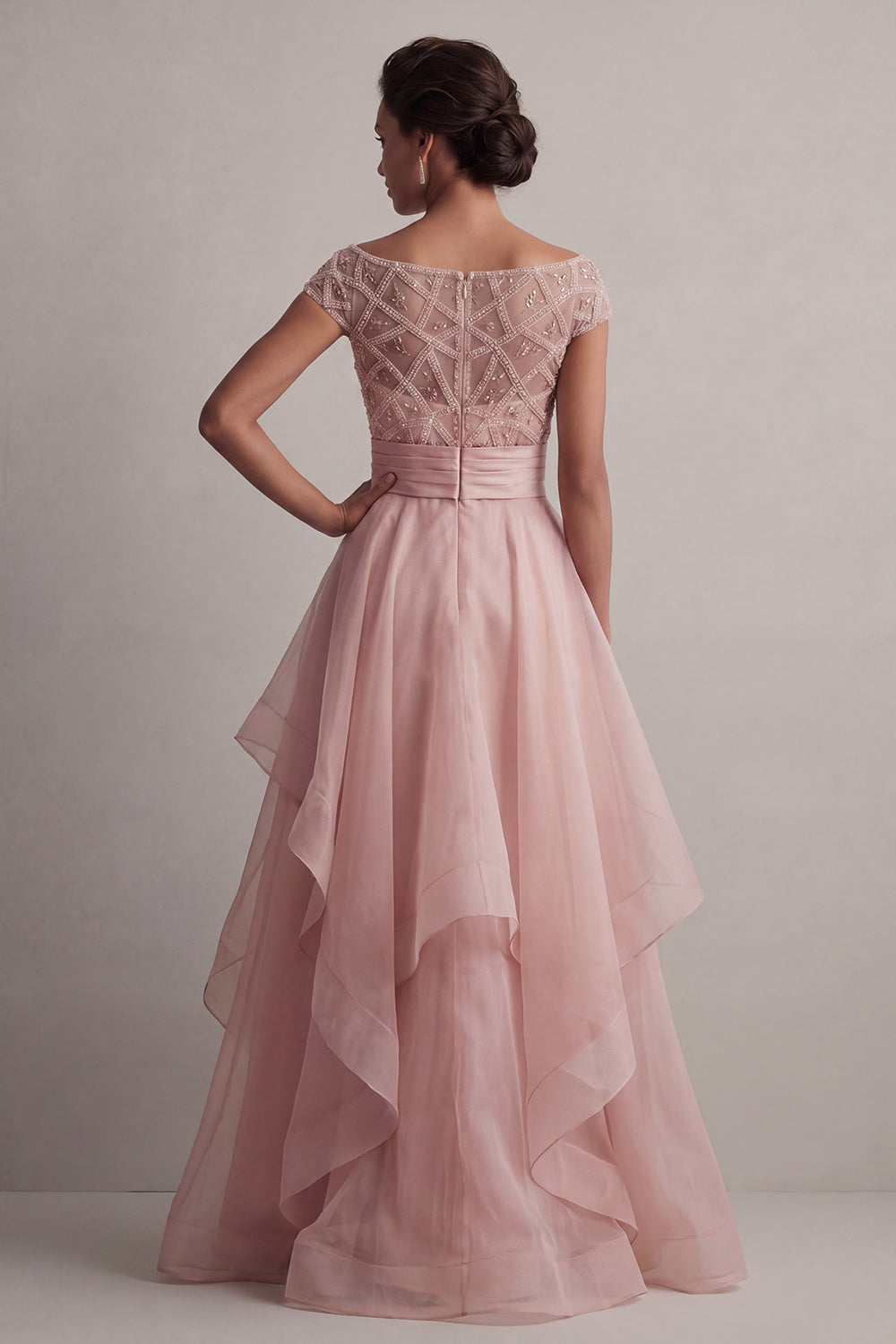 Blush Beaded Long A Line Mother of the Bride Dress with Ruffles