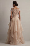 Blush Beaded Long A Line Mother of the Bride Dress with Ruffles