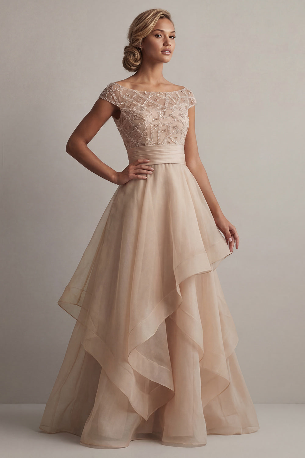 Blush Beaded Long A Line Mother of the Bride Dress with Ruffles