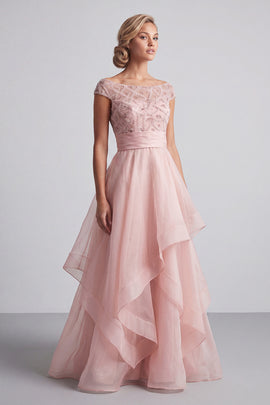 Blush Beaded Long A Line Mother of the Bride Dress with Ruffles