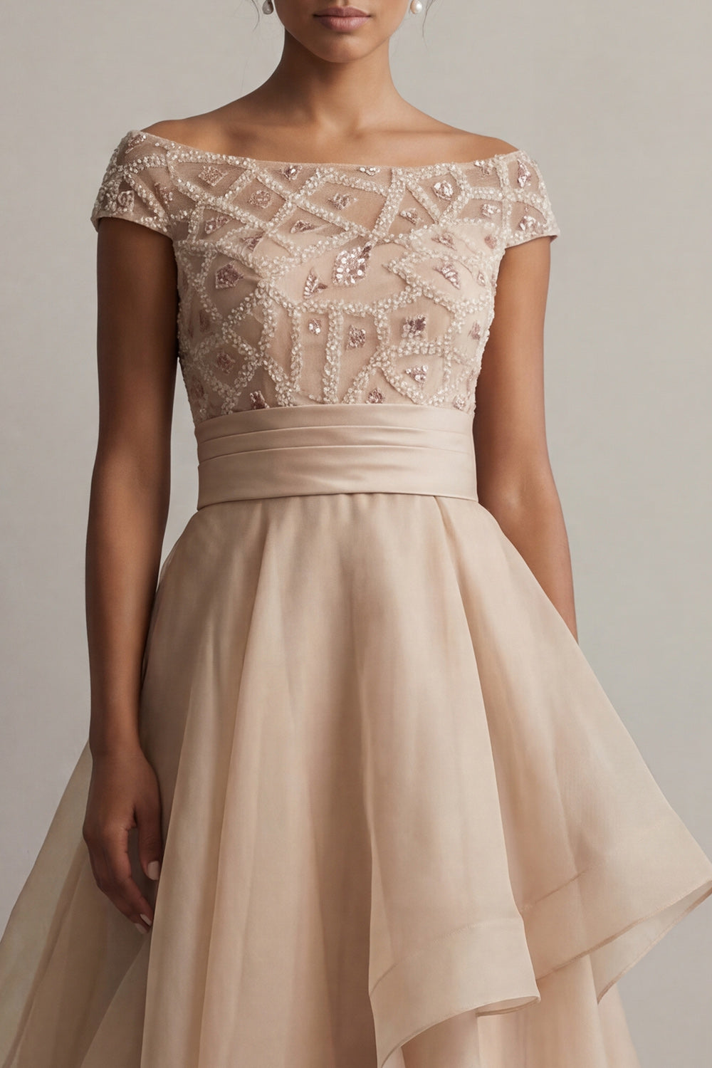 Blush Beaded Long A Line Mother of the Bride Dress with Ruffles